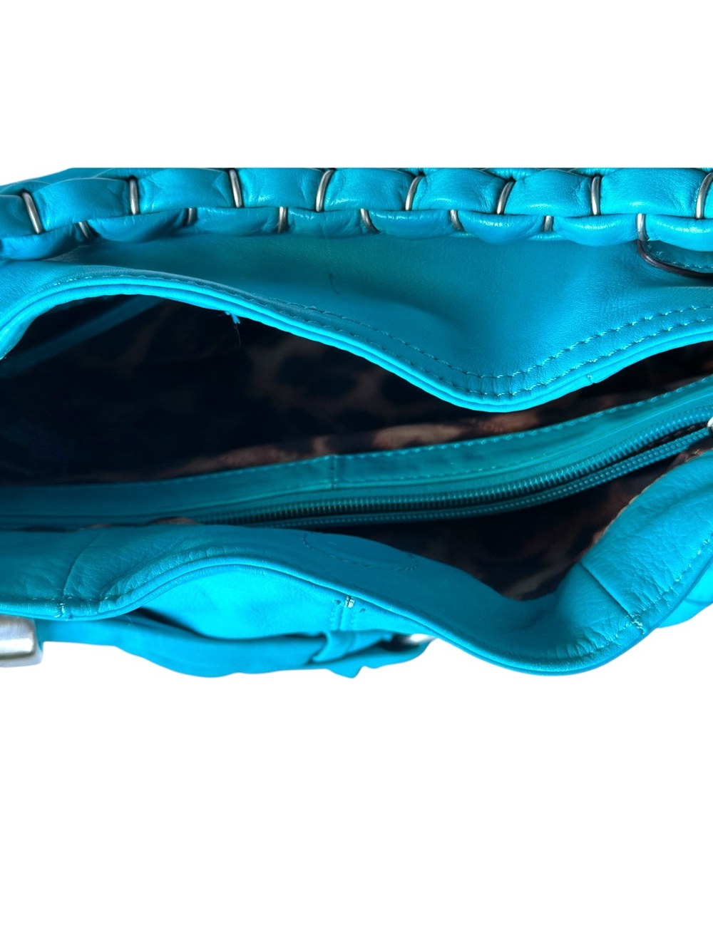 B. Makowsky Aqua Blue Braided Strap Soft Leather Satchel Shoulder Bag - Picture 7 of 10